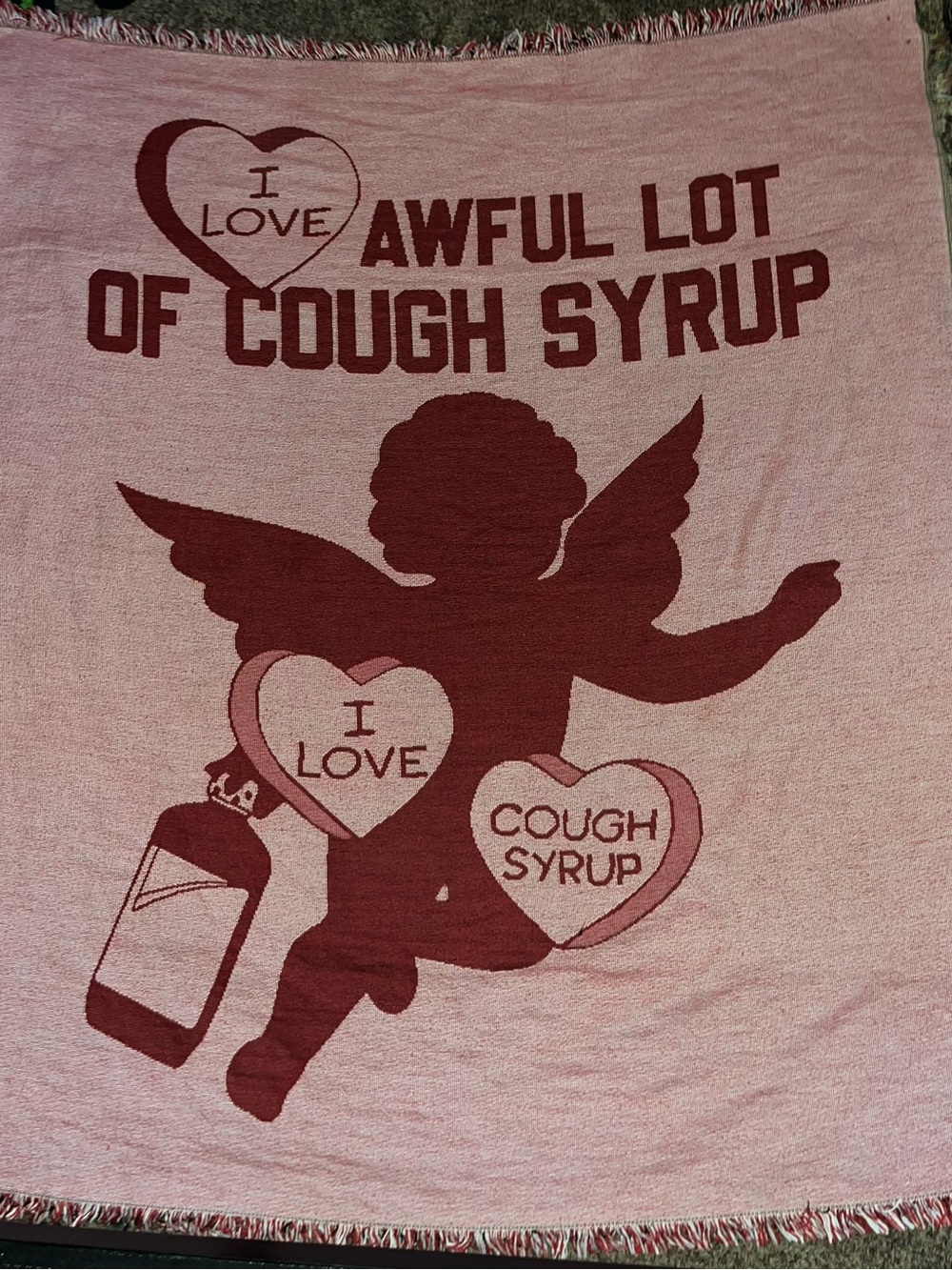 Pink Cherub Graphic Throw Blanket – Playful Cough Syrup Motif
